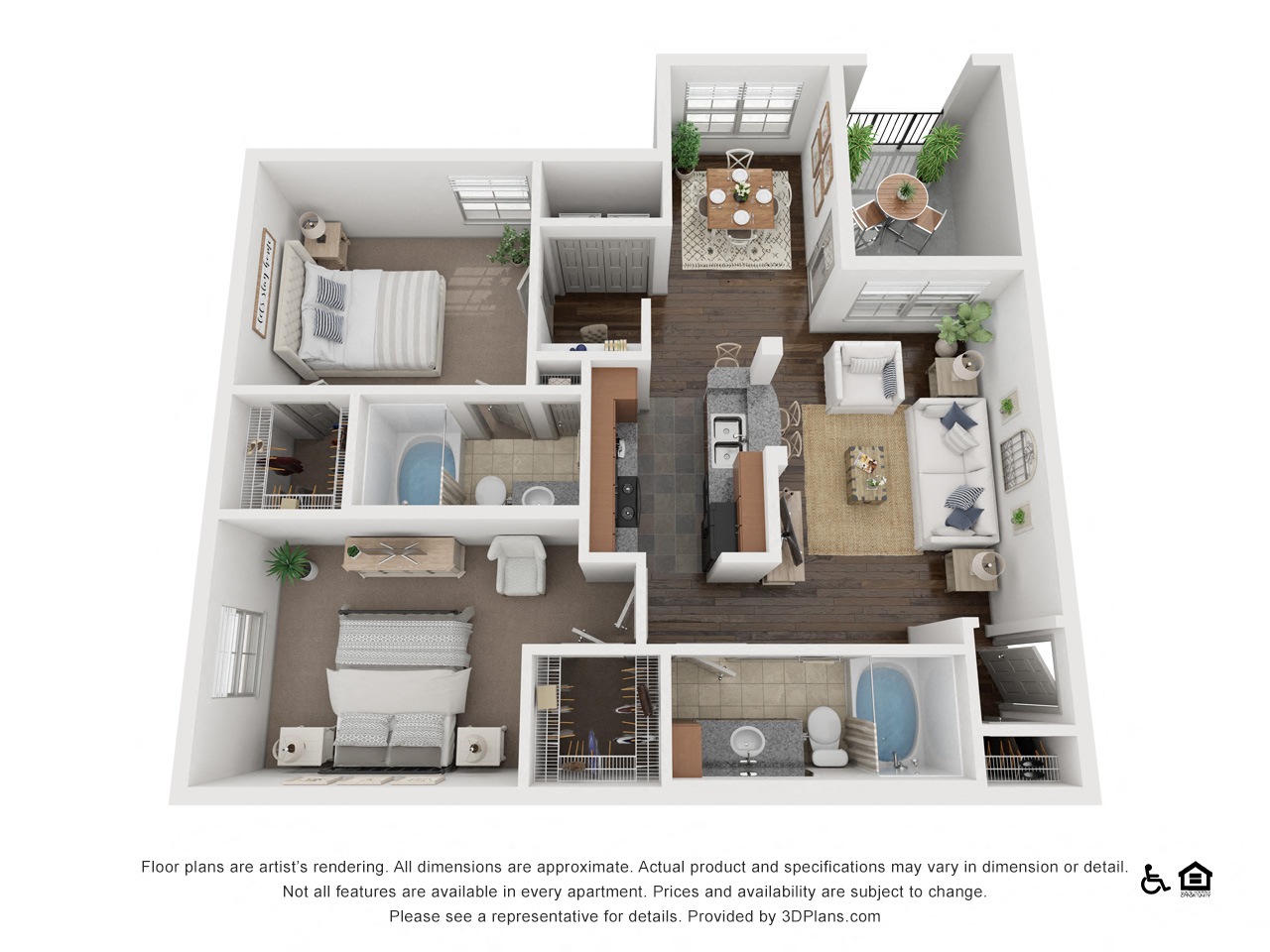 Floor plan for 2 beds, 2 baths, 1088 sqft